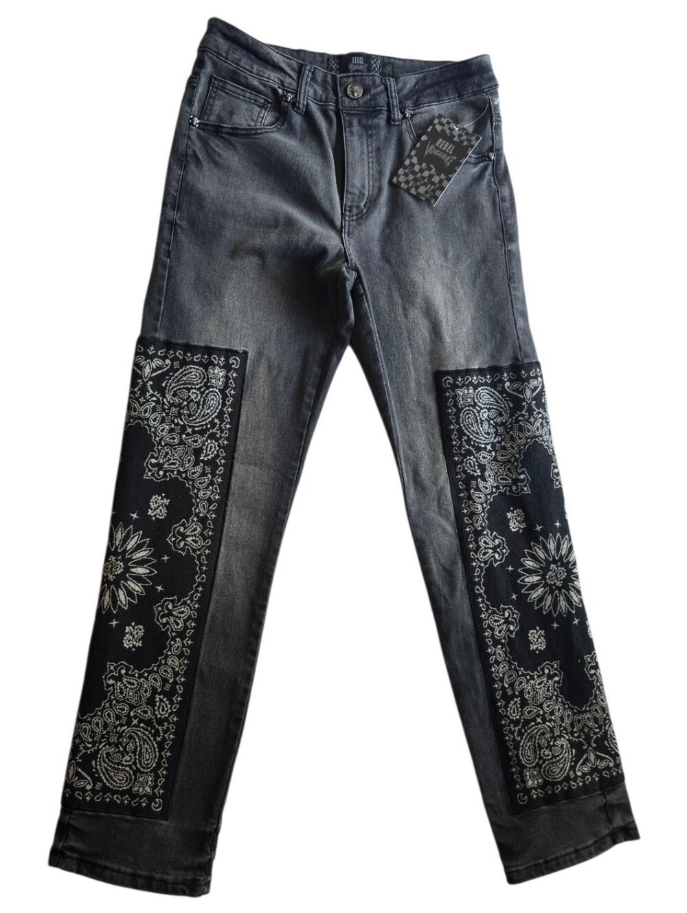 Rebel Vengeance Black/Gray Wash Men's Bandana-Print Panels Jeans Size 28‎